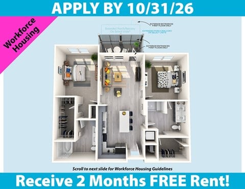Floor plan for 2 beds, 2 baths, 1080 sqft